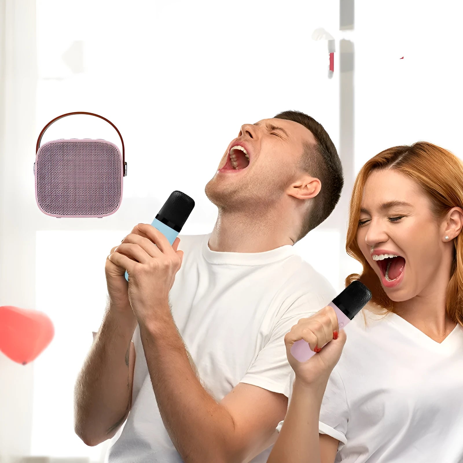 Compact Bluetooth portable speaker with microphone in white, pink, or blue colours showing USB port