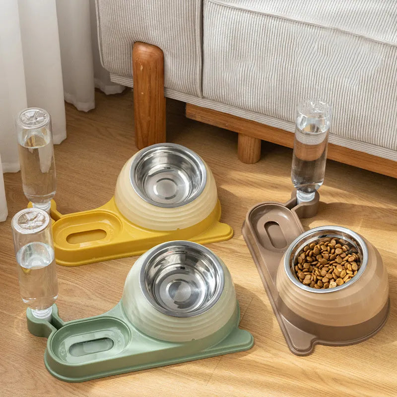 Brown elevated pet food and water bowl set with a large automatic water dispenser bottle.