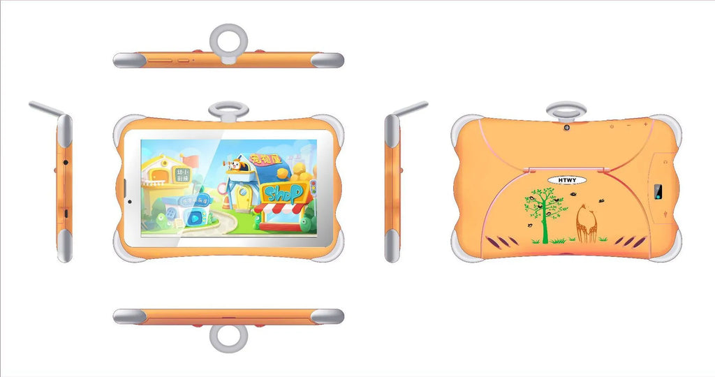 7-inch children's learning tablet in cartoon colours with protective stand, showing IPS screen and 3G calling capability