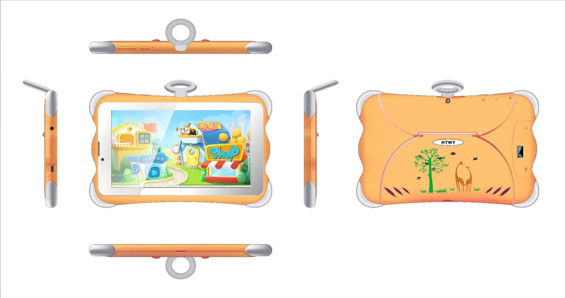 7-inch children's learning tablet in cartoon colours with protective stand, showing IPS screen and 3G calling capability
