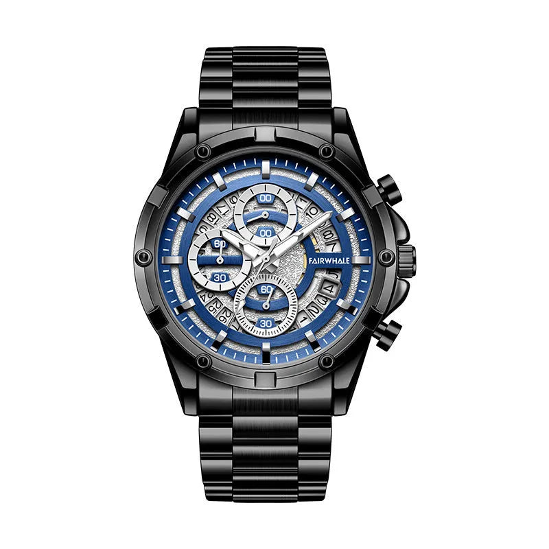 Men's waterproof luminous quartz watch with stainless steel band in three colour options