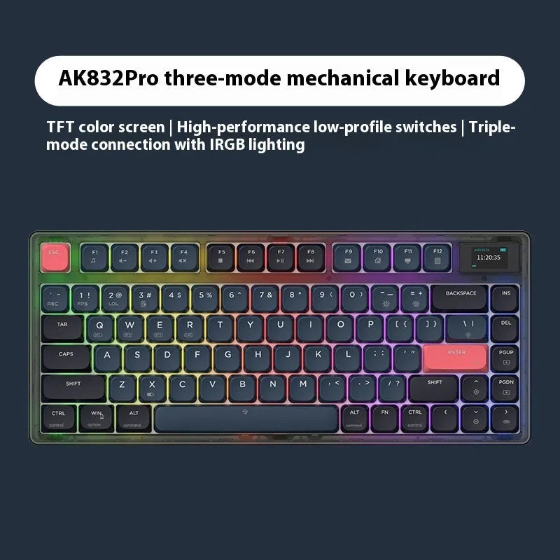 Ajazz AK832PRO green and tea coloured three-mode mechanical keyboard with RGB lighting on a desk.