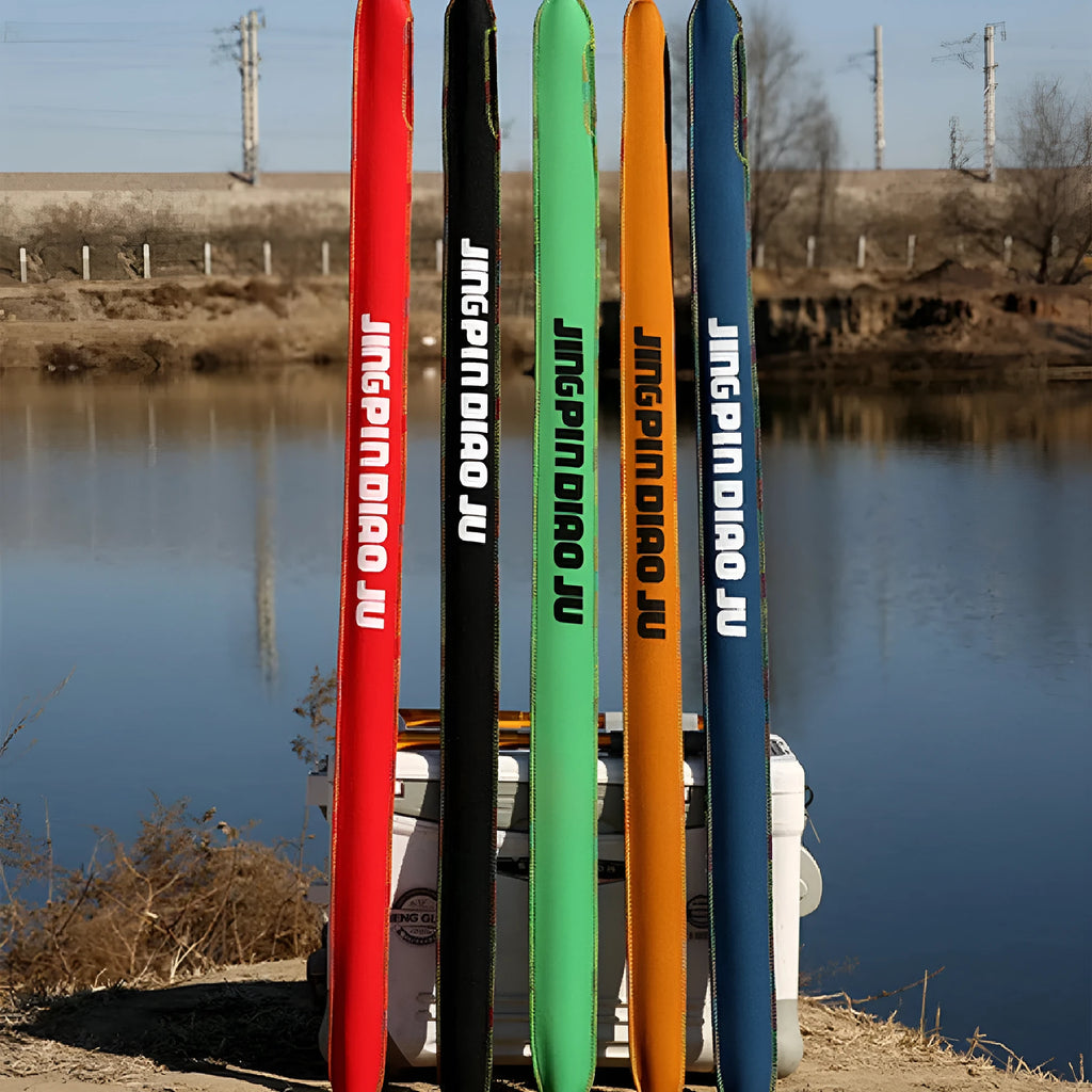 Brown cotton telescopic fishing rod storage bag showing retractable design for rods up to 150cm