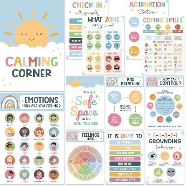 Calm corner poster set with 12 calm posters and 16 educational posters in puzzle style for classroom decoration