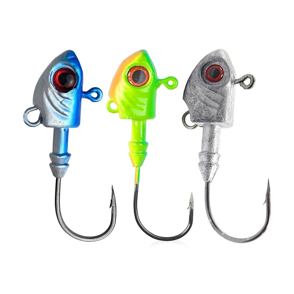 Simulation Yayu shaped lead head fishing jig hooks in blue, silver, and yellow colours showing fish-shaped design.