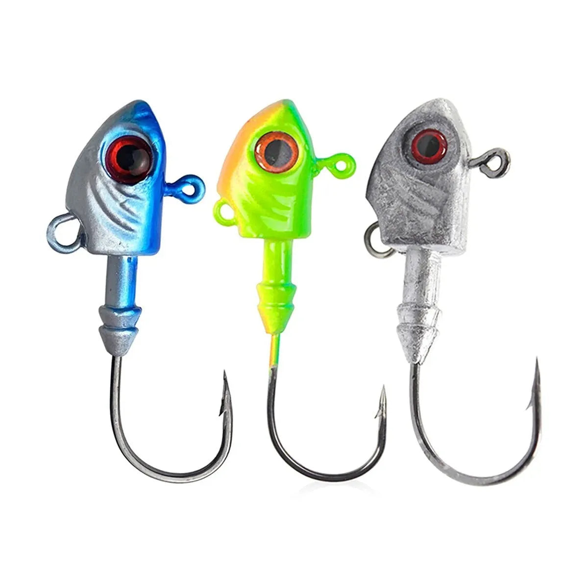 Simulation Yayu shaped lead head fishing jig hooks in blue, silver, and yellow colours showing fish-shaped design.