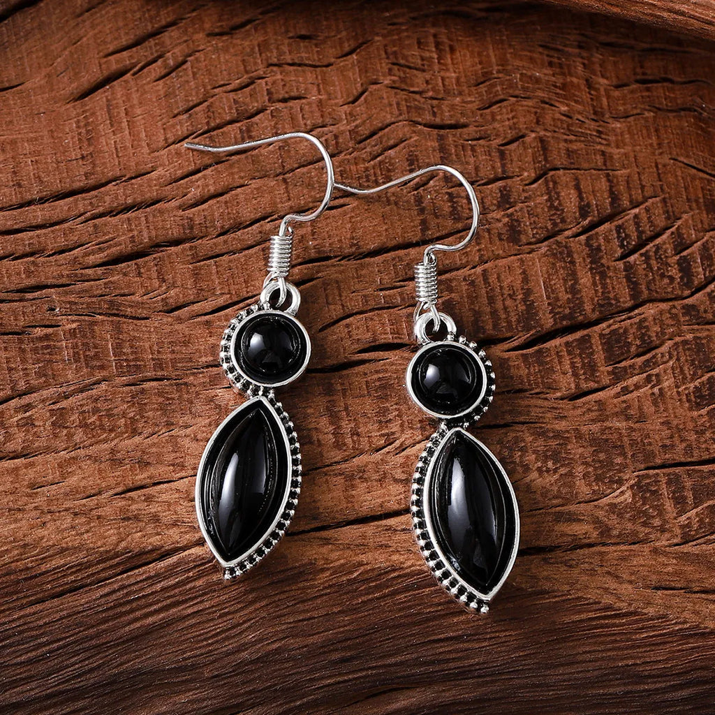 Black and purple vintage geometric zinc alloy earrings with round retro styling and electroplated finish
