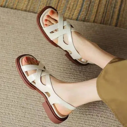 Women's patent leather square toe beach sandals with cross strap design in three colour options
