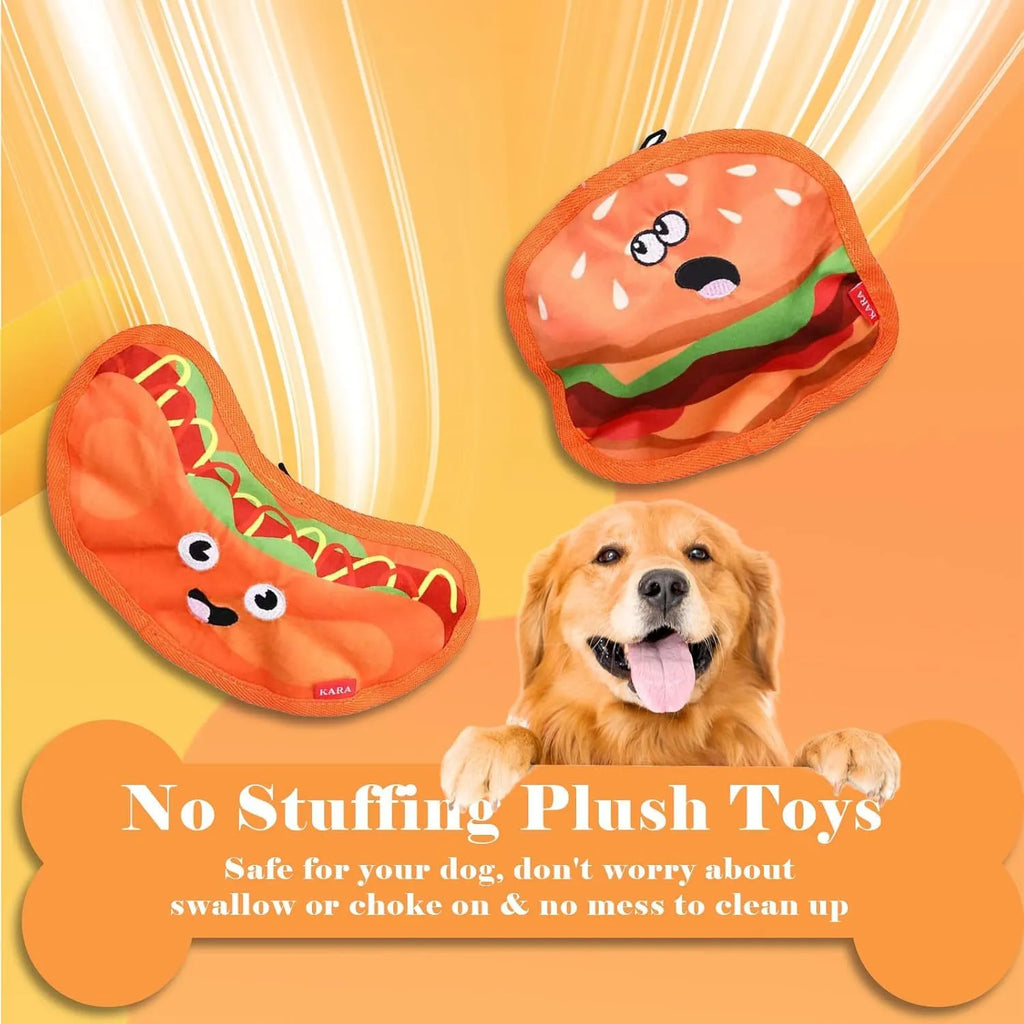 Hamburger-shaped crinkle and squeaky dog toy with vivid colours