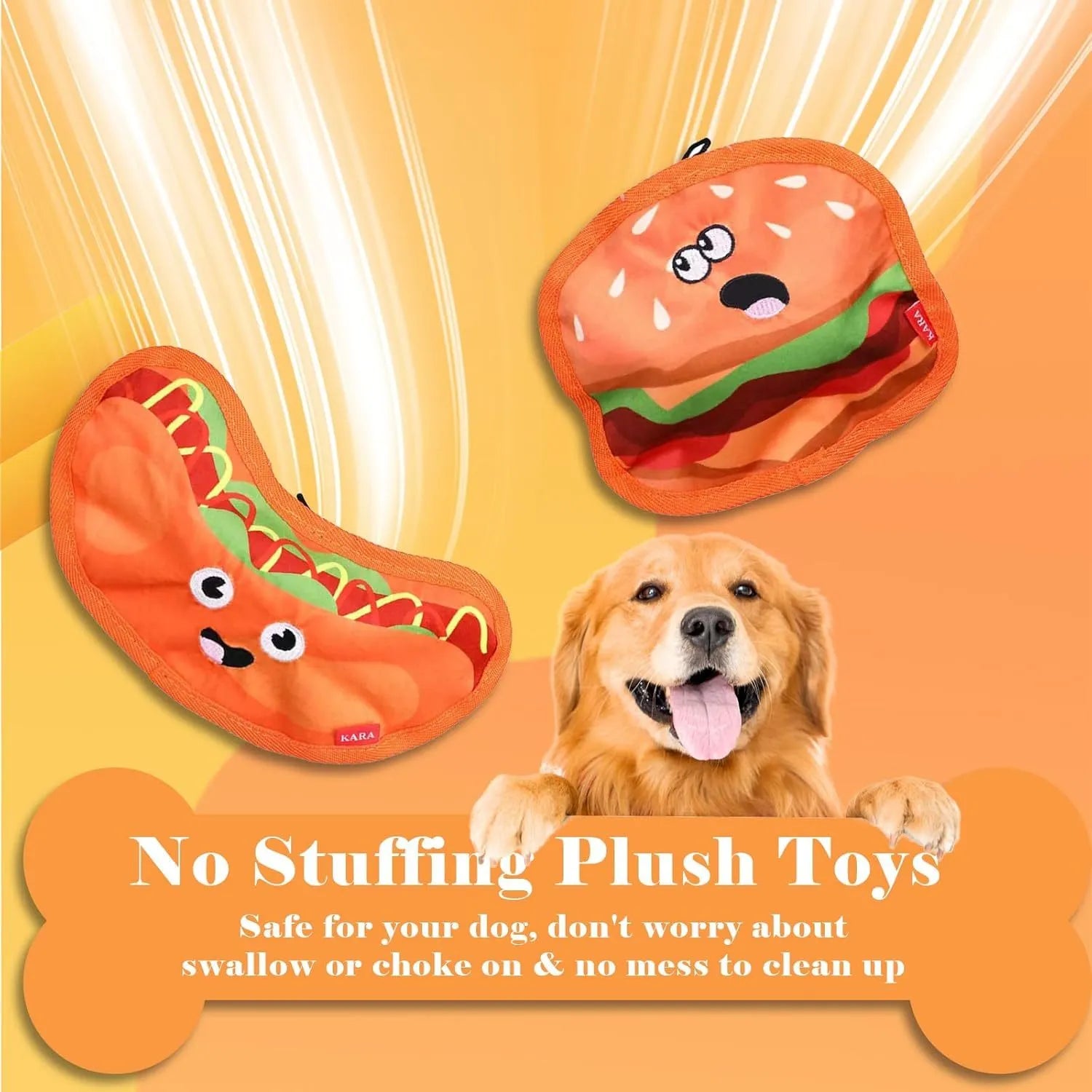 Hamburger-shaped crinkle and squeaky dog toy with vivid colours
