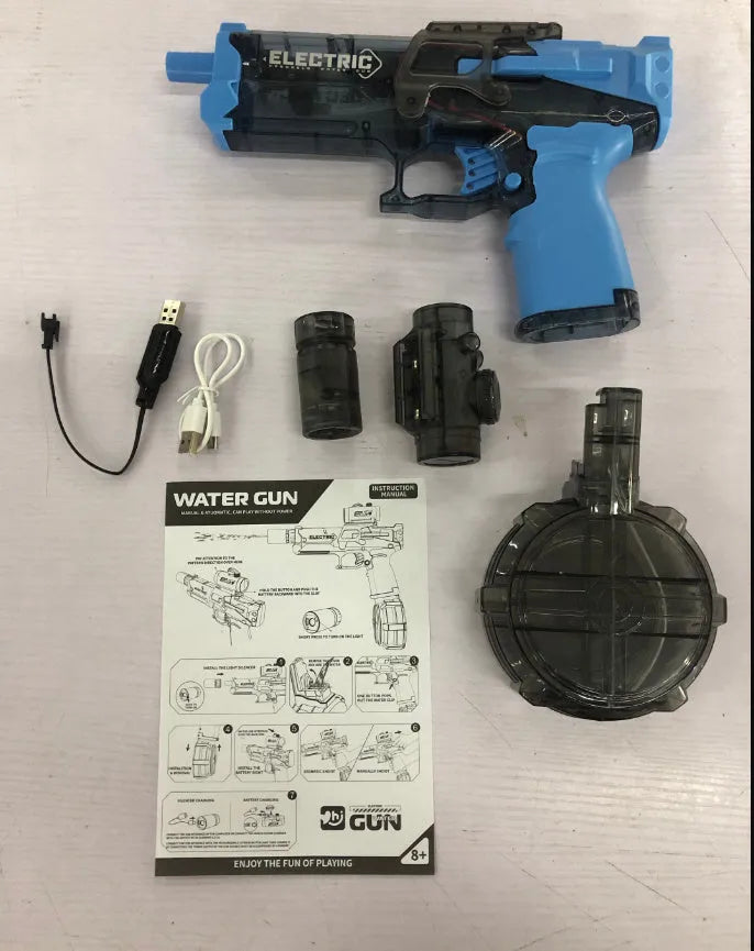 Fire Rat electric water pistol in black showing automatic drum magazine and USB charging port for outdoor summer water fights