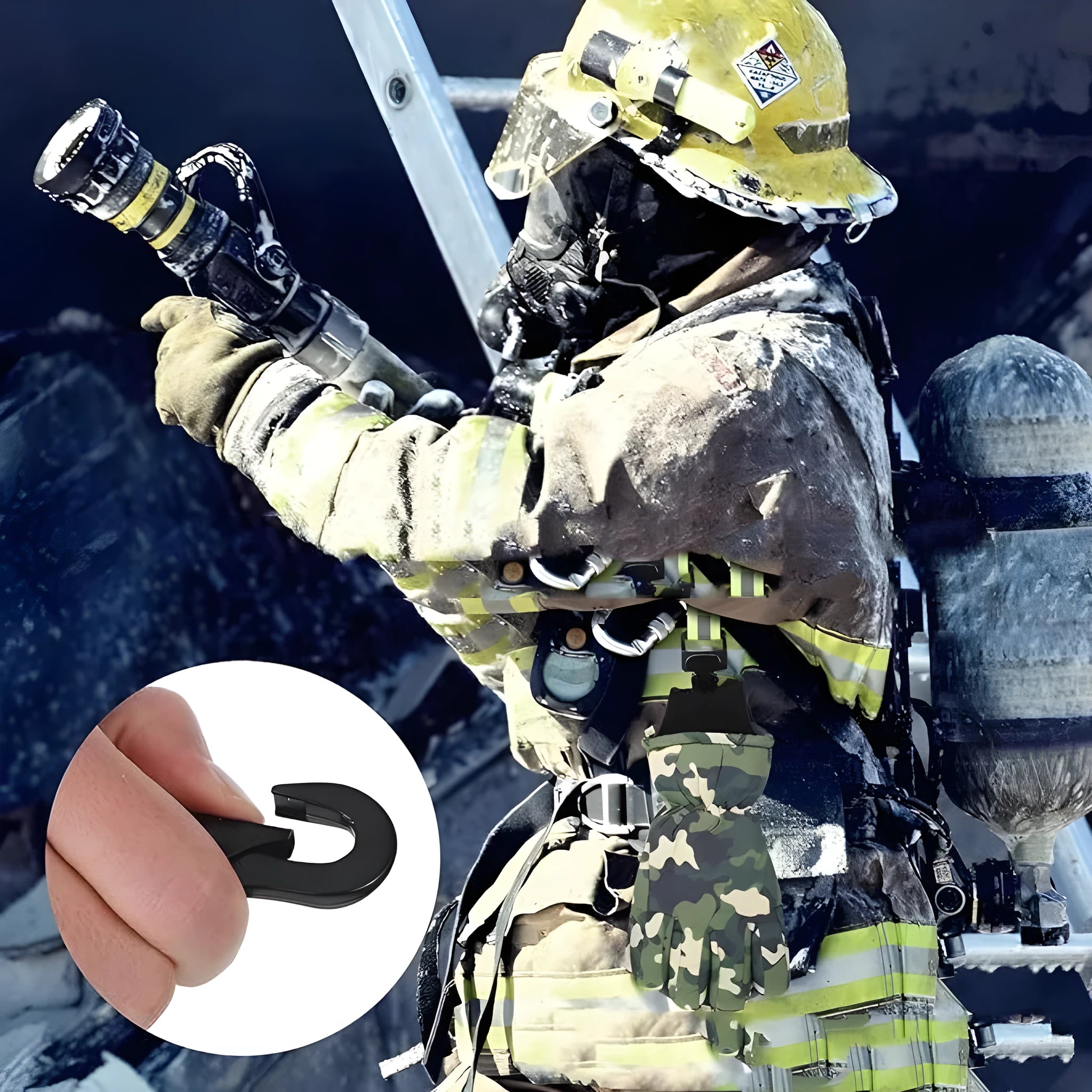 Fluorescent green reflective metal buckle clip for securing safety and work gloves.