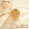 Adjustable open-mouth stainless steel ring with pleated geometric pattern and inlaid coloured crystal accents.