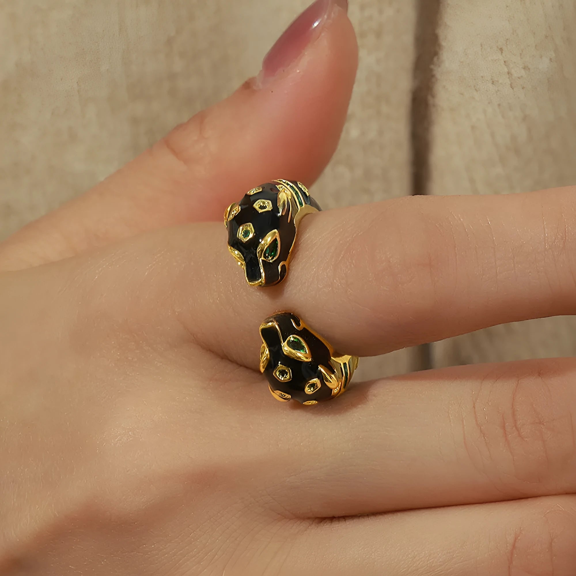 Geometric open ring with black electroplated cheetah pattern, size no.7 copper jewellery