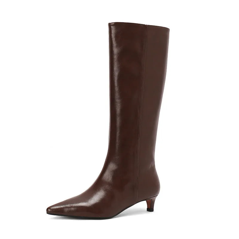 Women's pointed toe mid heel cowhide boots in brown or black, sizes 34-39, beef tendon sole