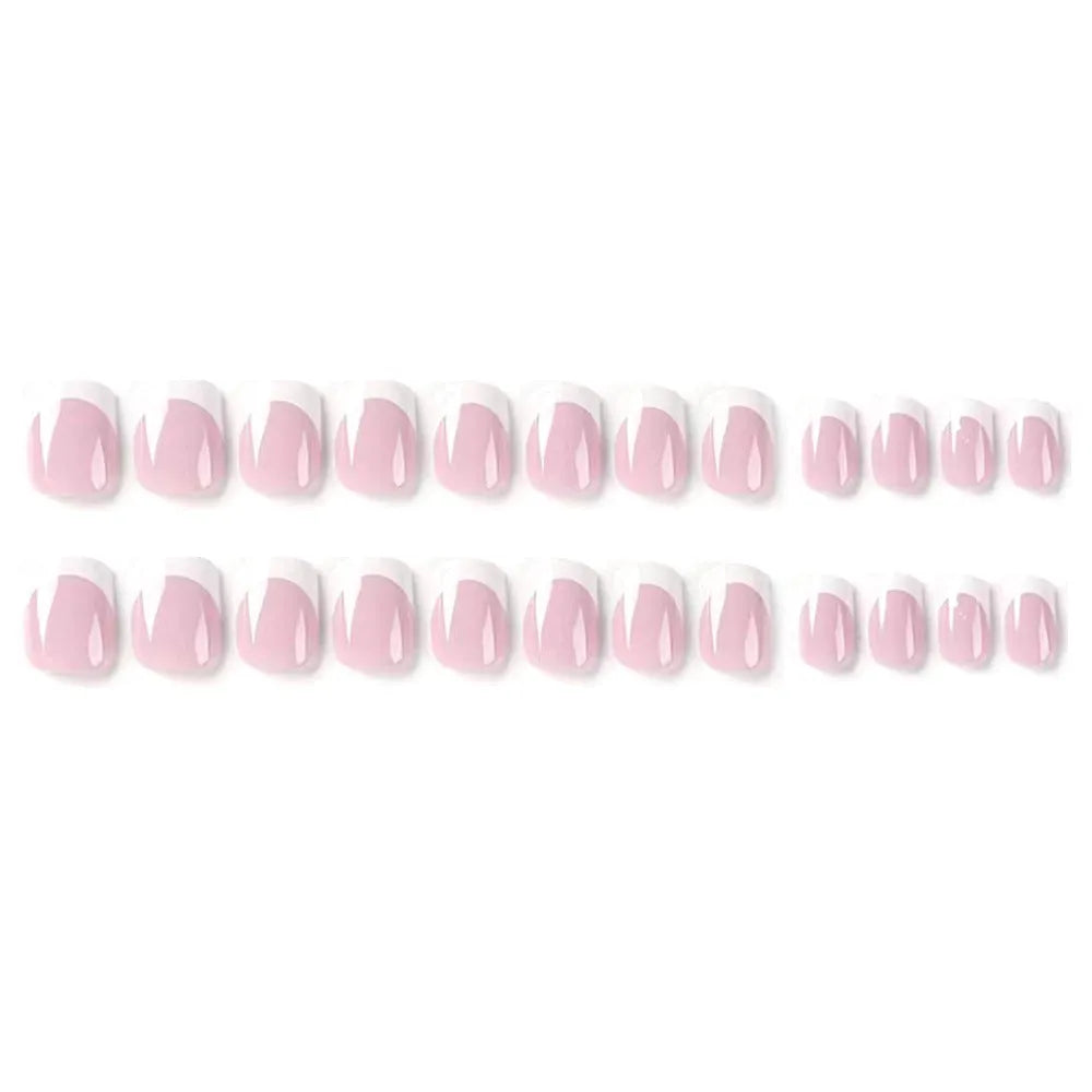 Twenty-four white plaid pattern fake nails with square tips arranged on a surface.