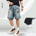 Men's blue ripped jeans shorts with graffiti detail, straight leg cut, and zipper fly closure