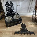 Personalised dog bowl holder with stainless steel bowl and custom name on iron base in chosen colour