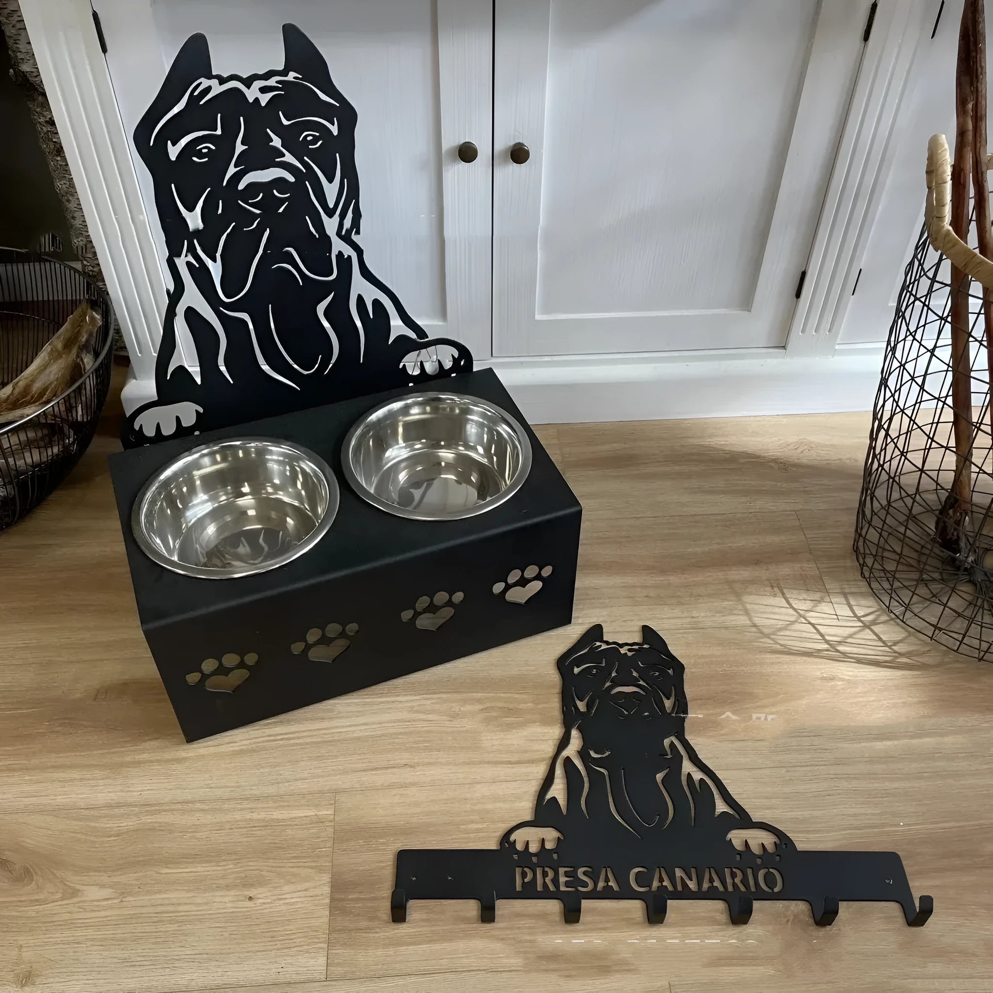Personalised dog bowl holder with stainless steel bowl and custom name on iron base in chosen colour