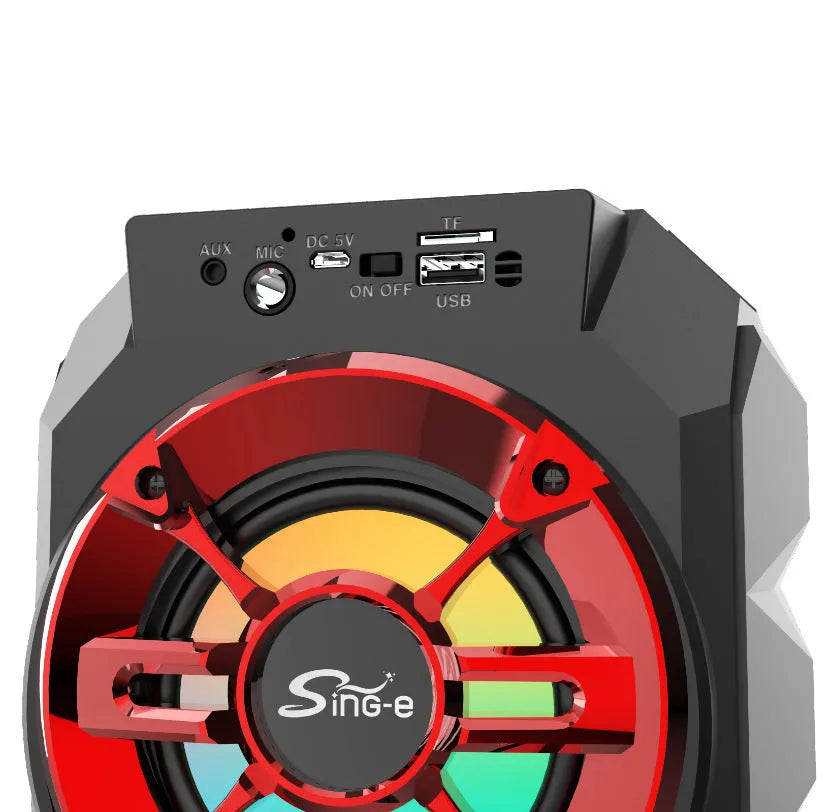 Portable Bluetooth speaker with pull rod, colourful lights, USB rechargeable, available in blue, red, and silver grey