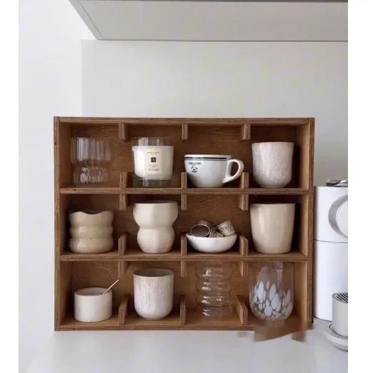 Square birch wood cup storage rack with multiple grid compartments for kitchen organisation