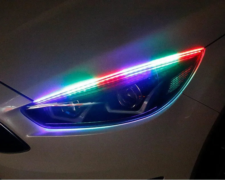 Universal LED headlight streamer with remote control showing RGB colourful lighting in 30cm, 45cm, and 60cm length options