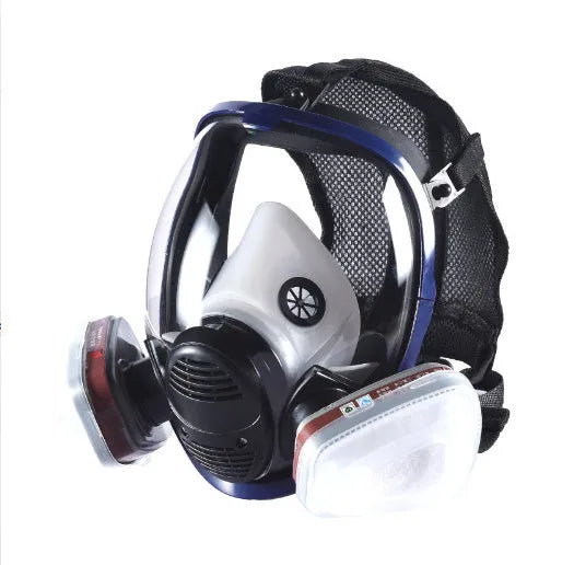 Blue-edged spherical full face gas mask with silicone construction and trapezoidal canister