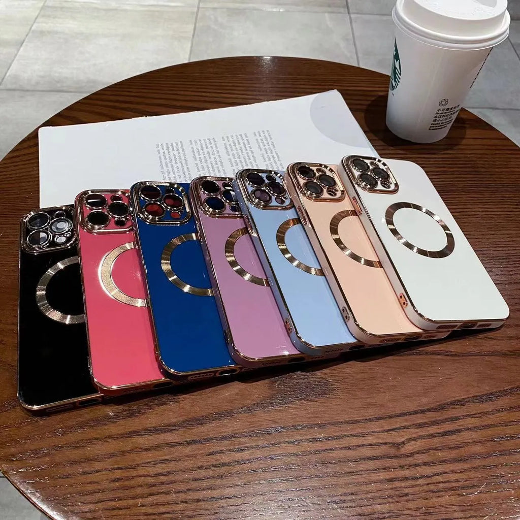 Magnetic phone case for iPhone 15 and 16 in cherry purple, made of electroplated TPU with brushed 6D finish.
