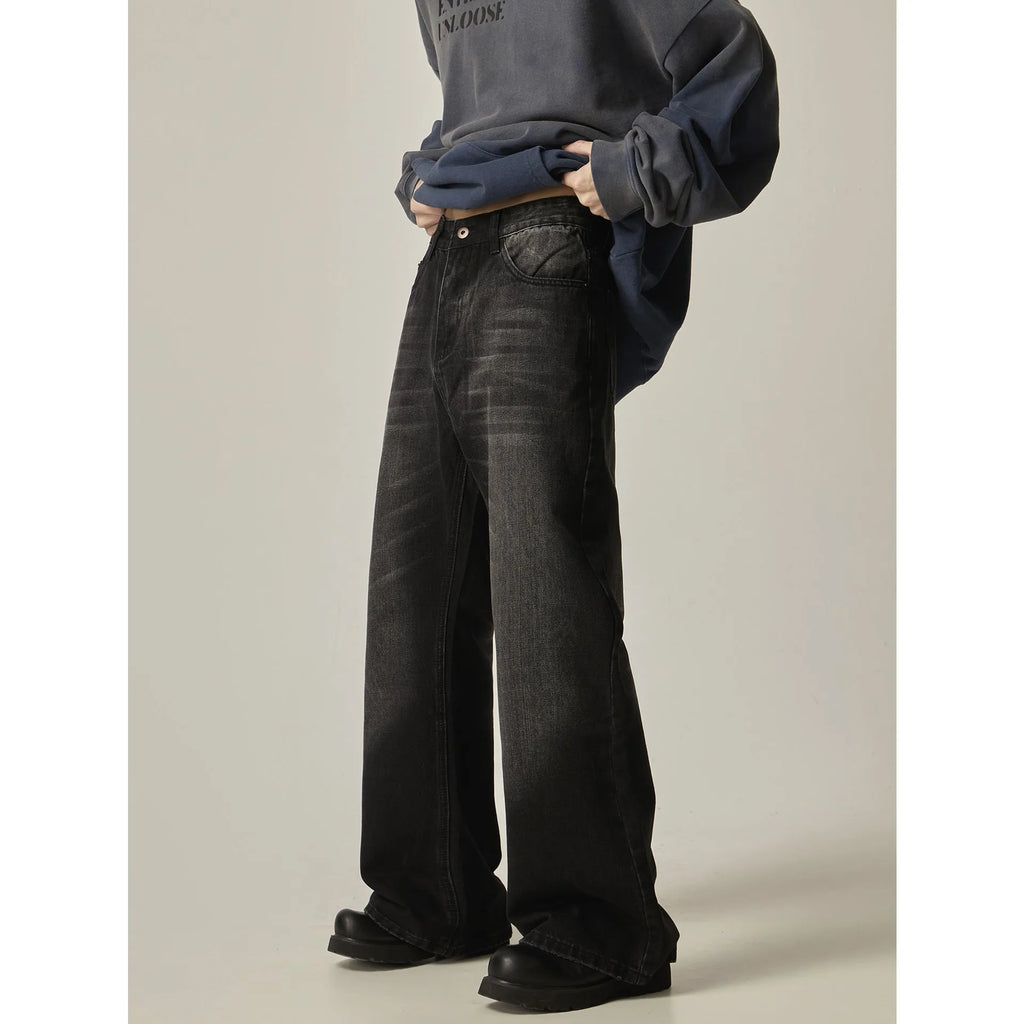 American retro black loose straight jeans with zipper fly on size chart