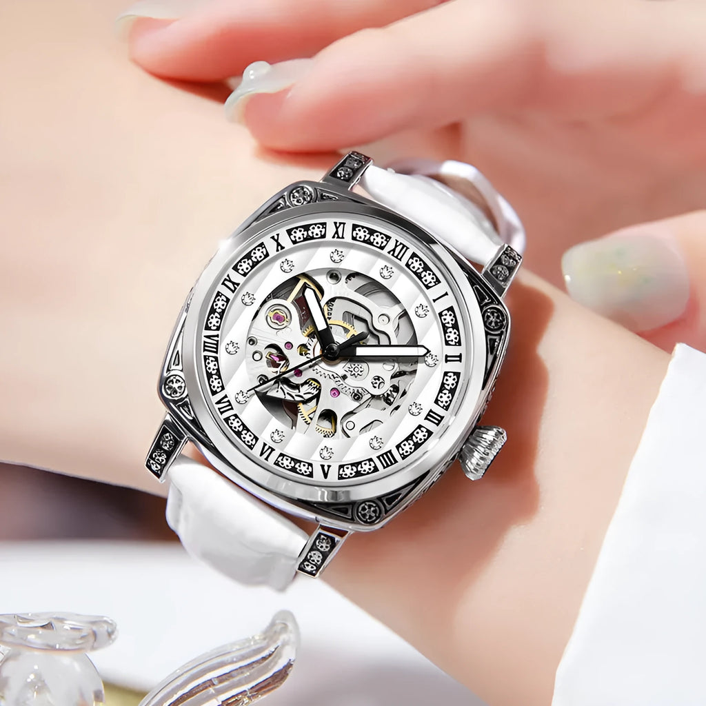 Men's mechanical watch with luminous hands and leather band, waterproof to 10 metres, showing four colour options