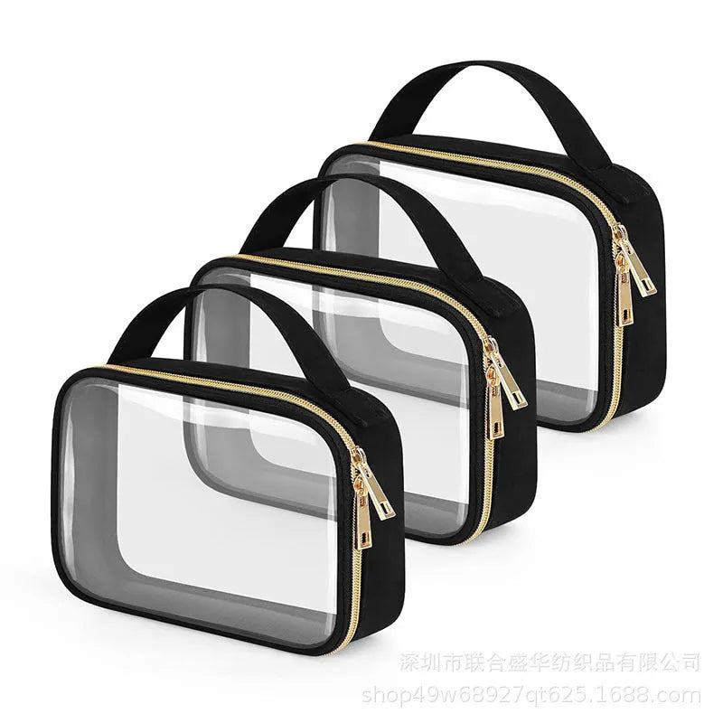 Transparent PVC cosmetic wash bag with detachable chain handle, shown in multiple colour options.