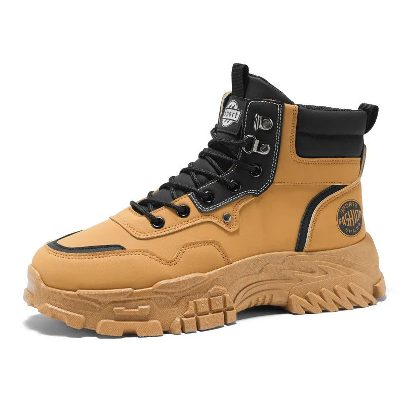 Men's yellow and black Martin high-top work boots with artificial PU upper and stout heel
