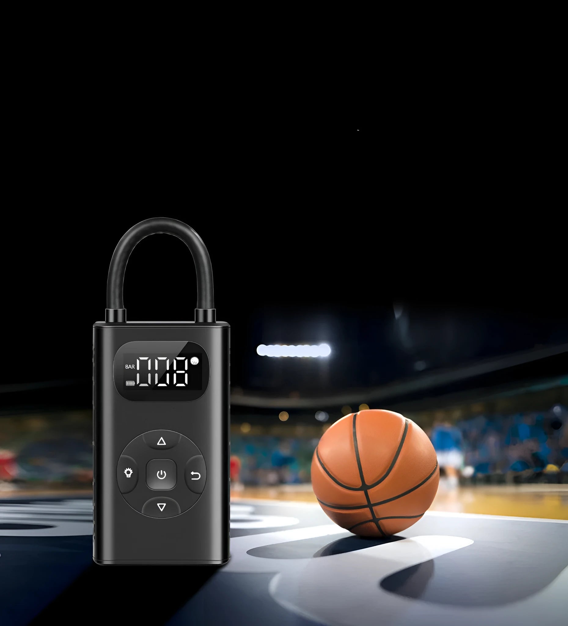 Black aviation material power bank tyre inflator with 16cm tube and USB cable
