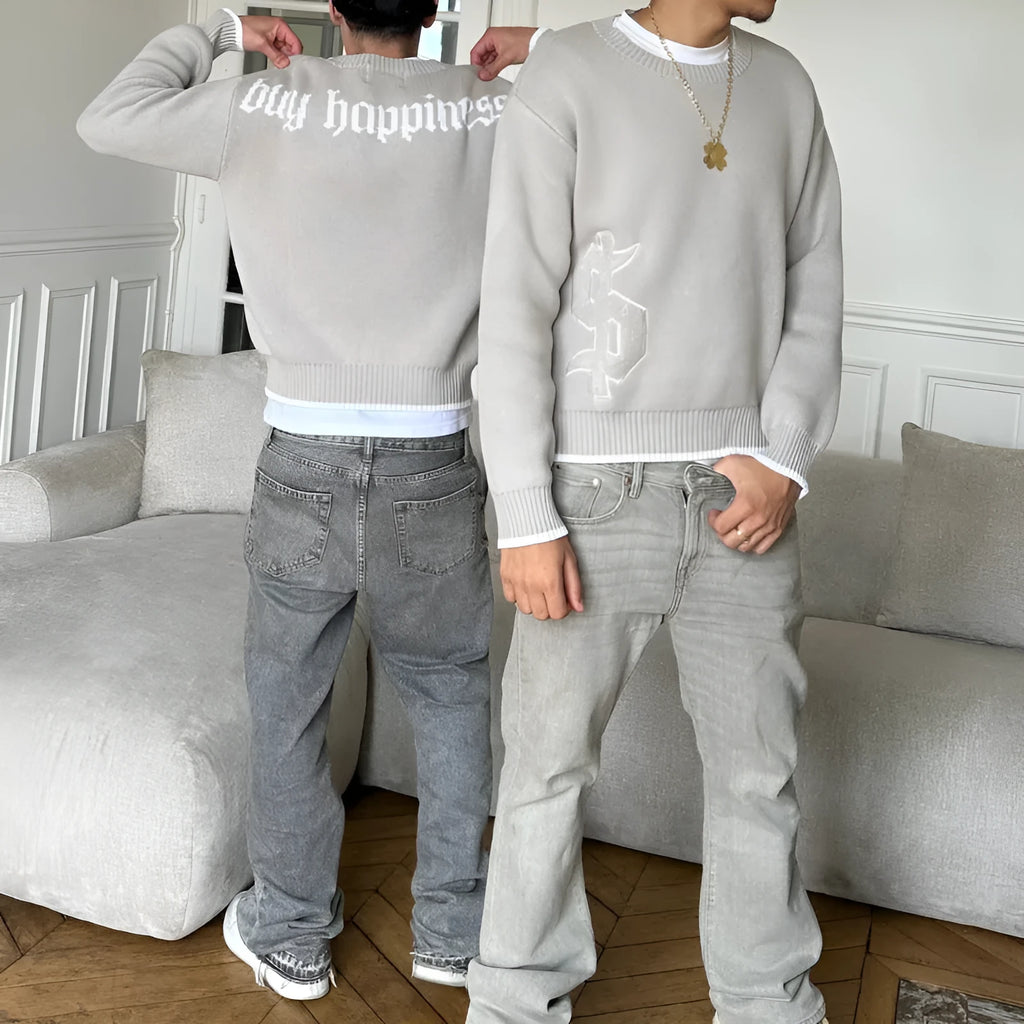 Design Sense grey jacquard knitwear loose-fitting coat with long sleeves for autumn winter wear