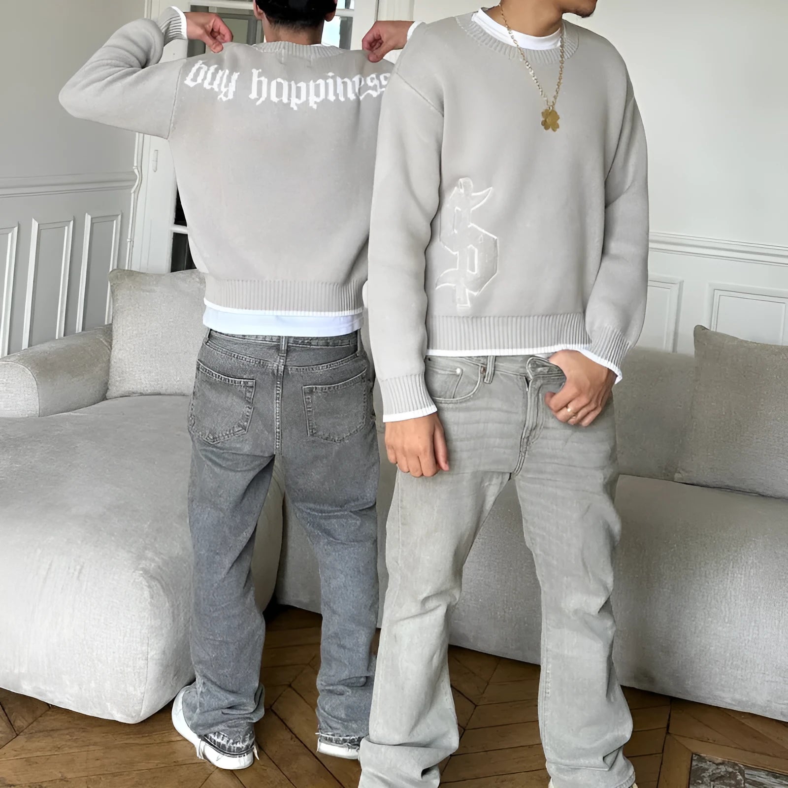 Design Sense grey jacquard knitwear loose-fitting coat with long sleeves for autumn winter wear