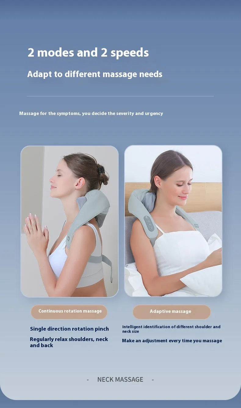 Grey USB-powered neck and back massager with elastic fabric and two-speed controls