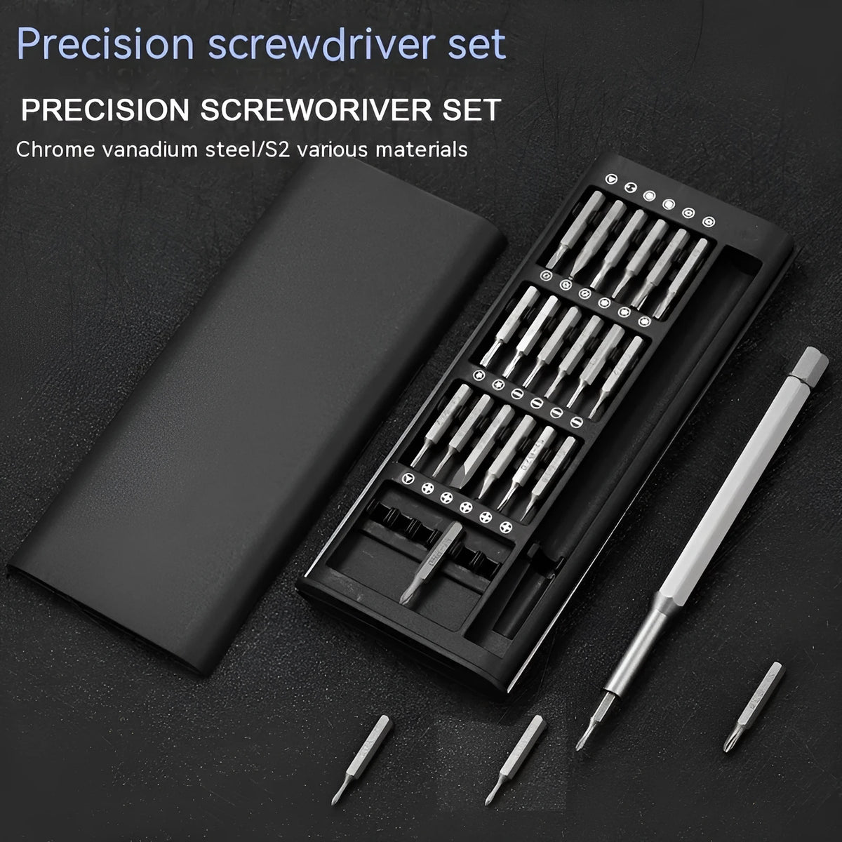 24 in one precision magnetic screwdriver tool set with aluminium and plastic handles and chrome vanadium steel bits