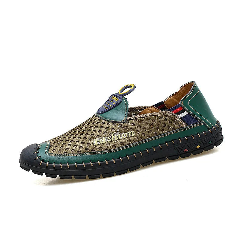 Men's brown breathable mesh casual shoes with rubber sole and stitching details