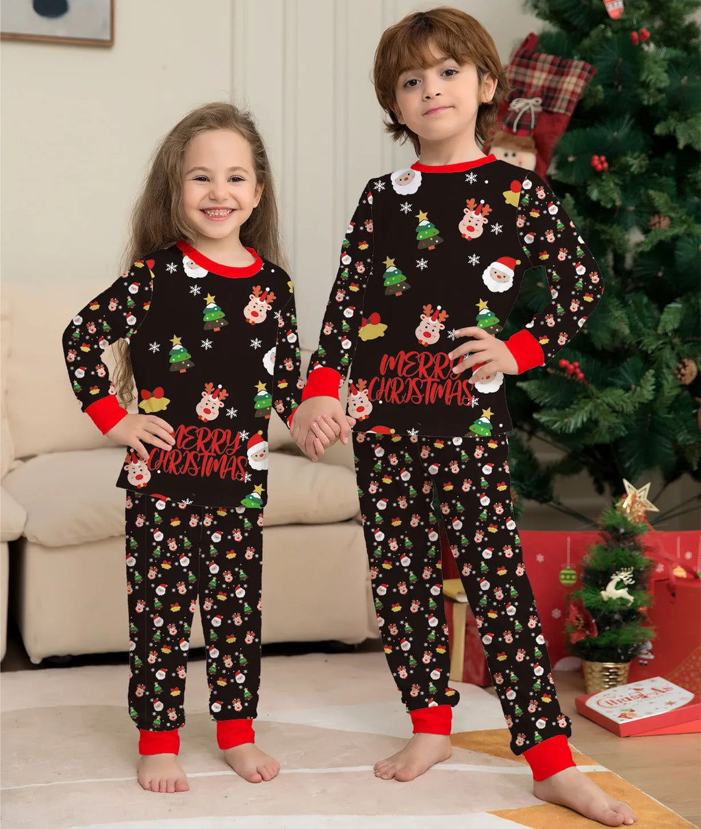 Family matching Christmas pajamas set in plaid and cartoon prints, showing adult, child, and dog sizes.