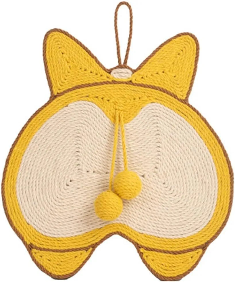 Yellow Corgi-butt design sisal cat scratching board with adhesive hooks on a white background