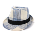Blue and black polyester sun hat with bell crown and 4.5cm brim for outdoor sun protection.