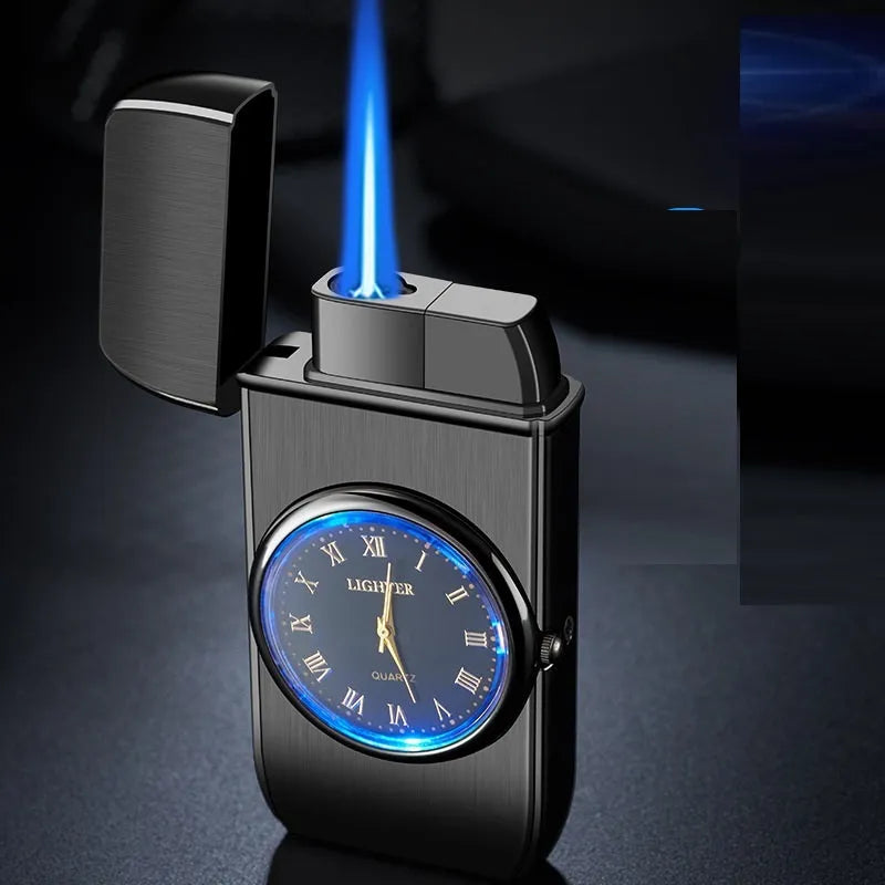 Metal electronic watch cigarette lighter with LED flashing lamp in black brushed finish