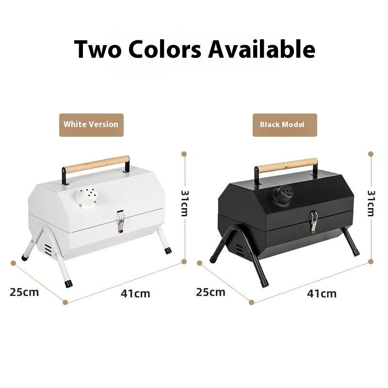 White round portable folding charcoal grill with detachable meshes and carbon tanks.