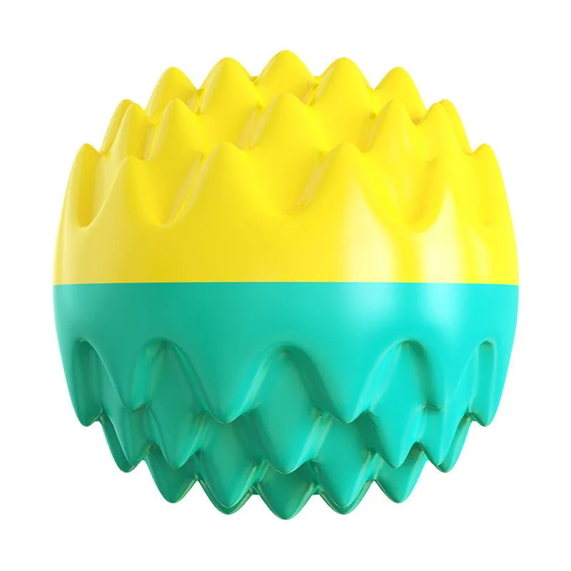 Blue or orange squeaky rubber dog ball with spiky dental cleaning texture