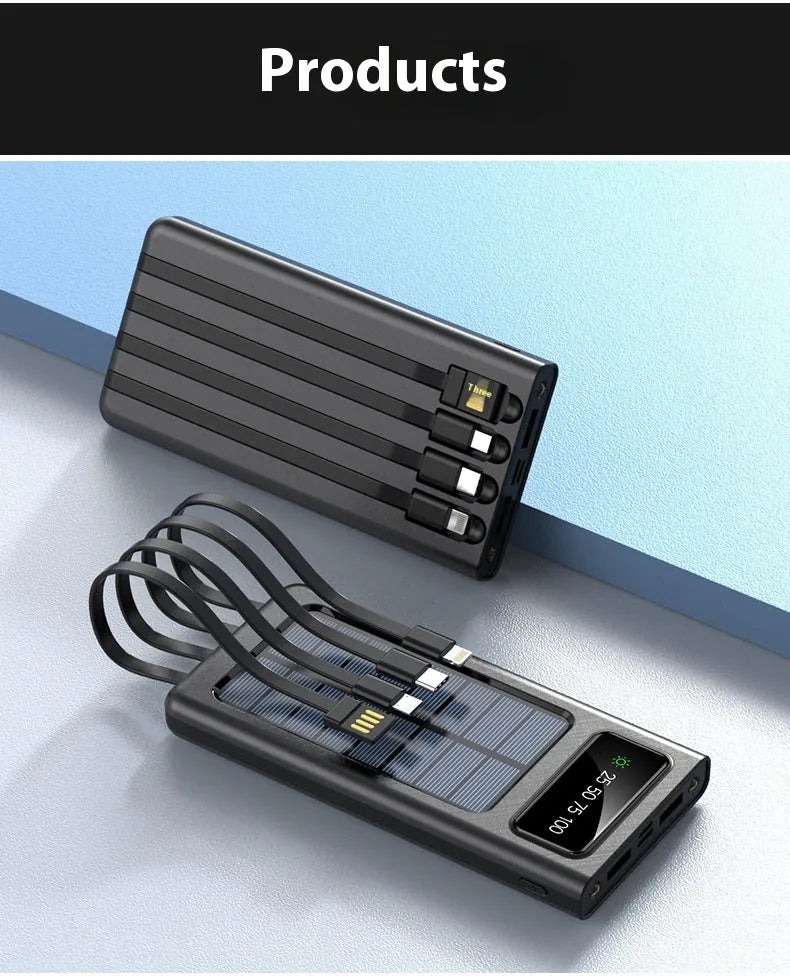 Black and white solar power bank with charging cable showing 20000mAh capacity and solar panel