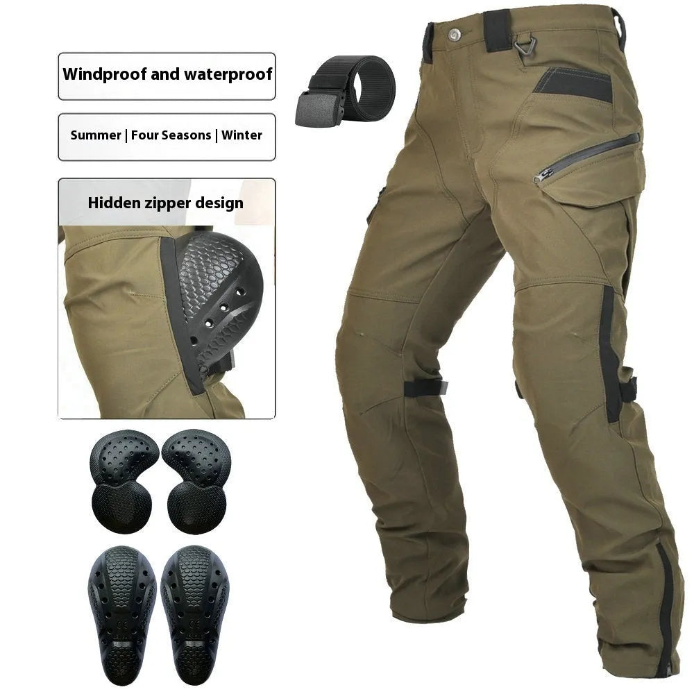Men's black waterproof motorcycle cycling trousers with belt and protective gear on a hanger.