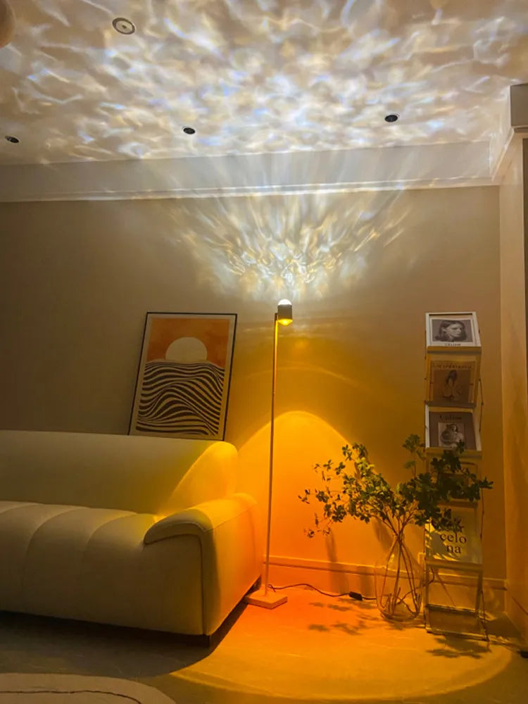 Sunset red floor lamp projecting water wave light pattern with colour cards for customisation
