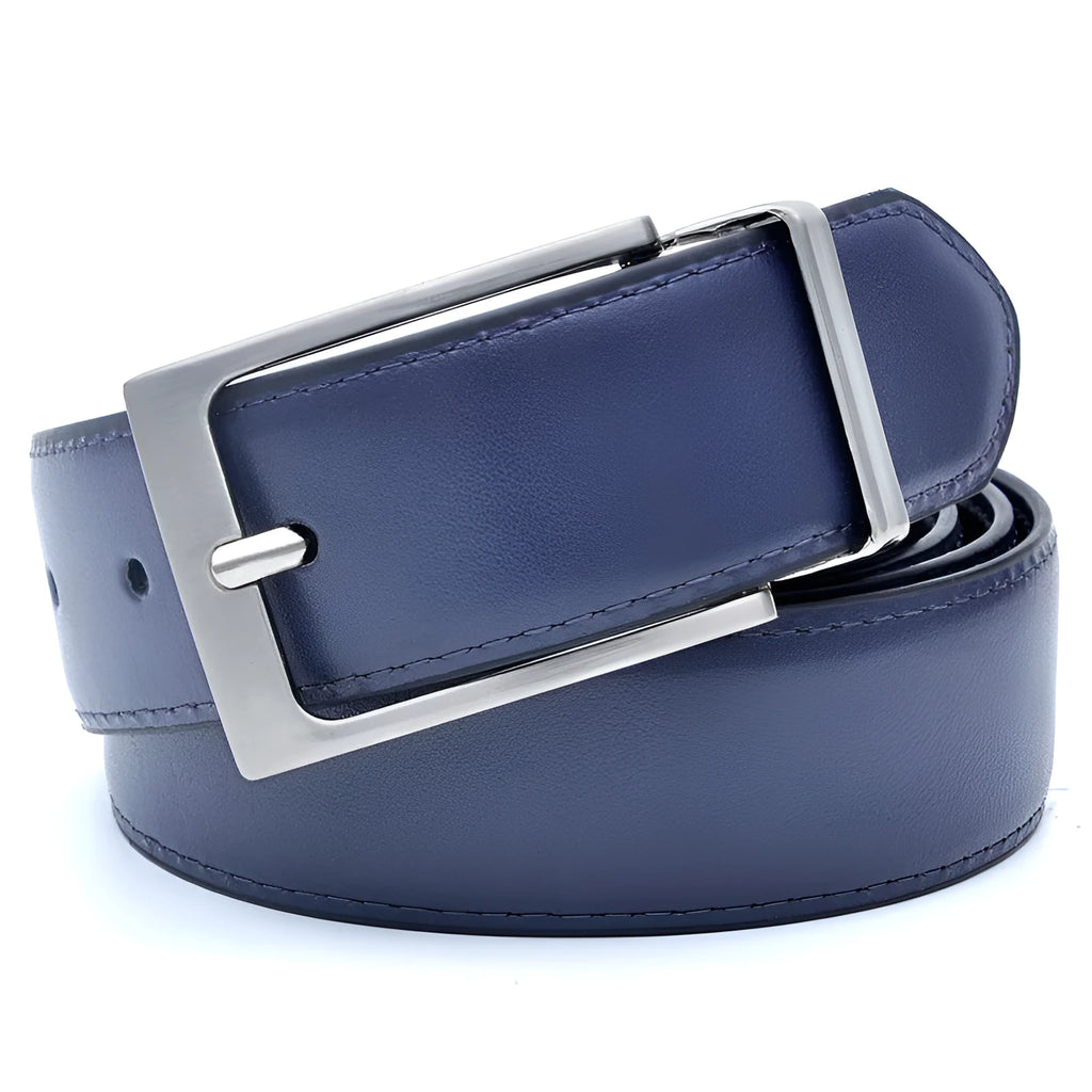 Men's dark brown and black genuine leather belt with a silver rotating pin buckle clasp on a plain background.