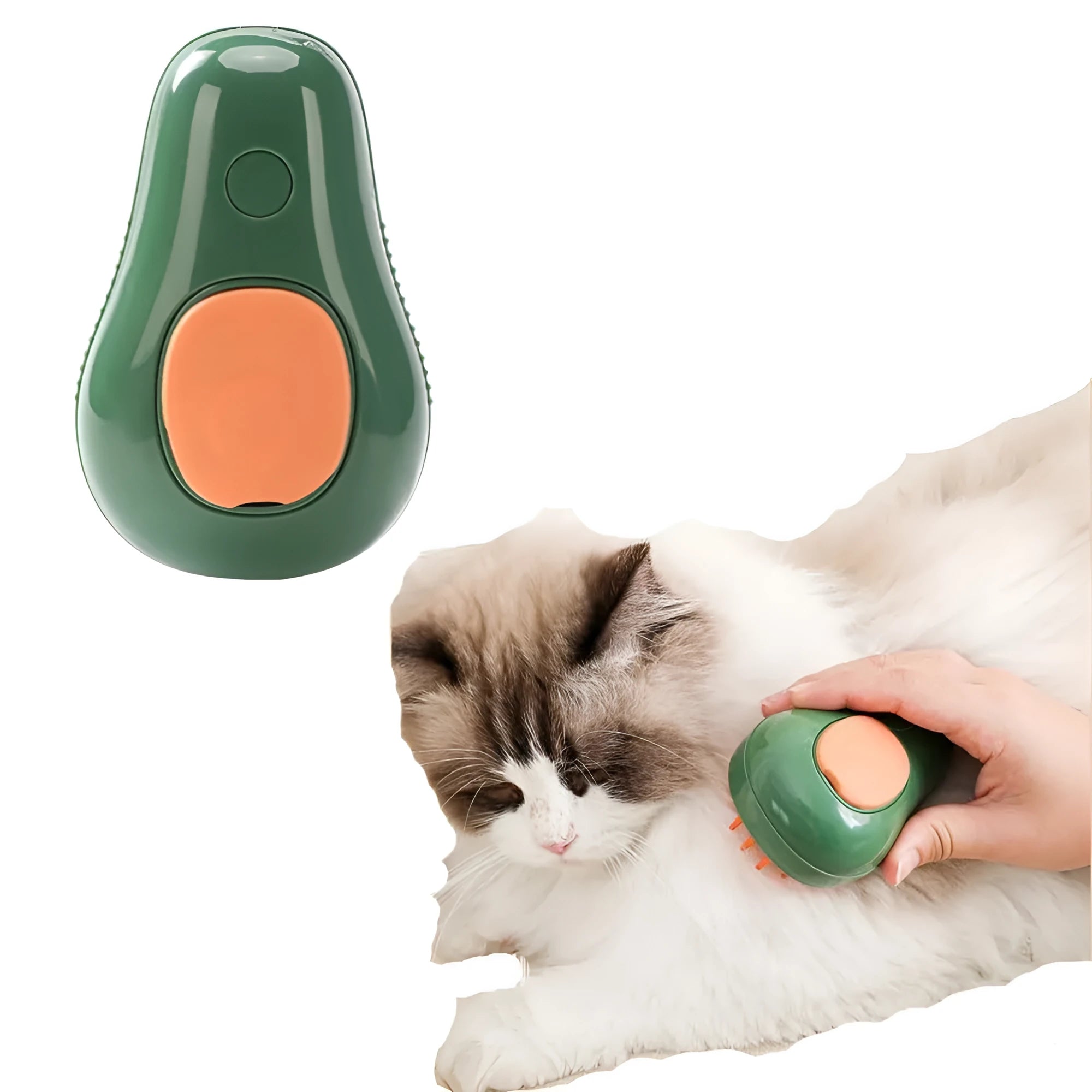 Green and white rechargeable cat steam brush with water spray and silicone grooming teeth