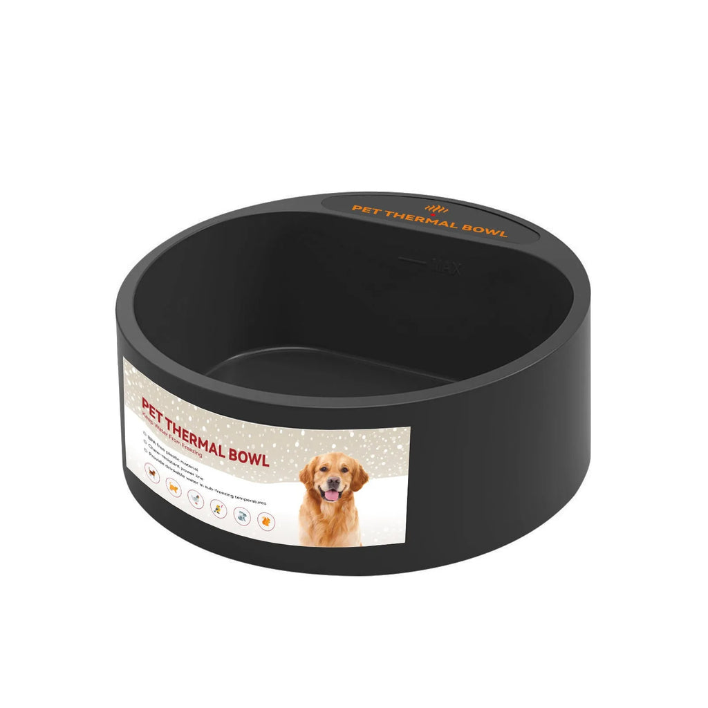 Black ABS plastic pet heating bowl with 35W constant temperature element and 2.2 litre capacity.